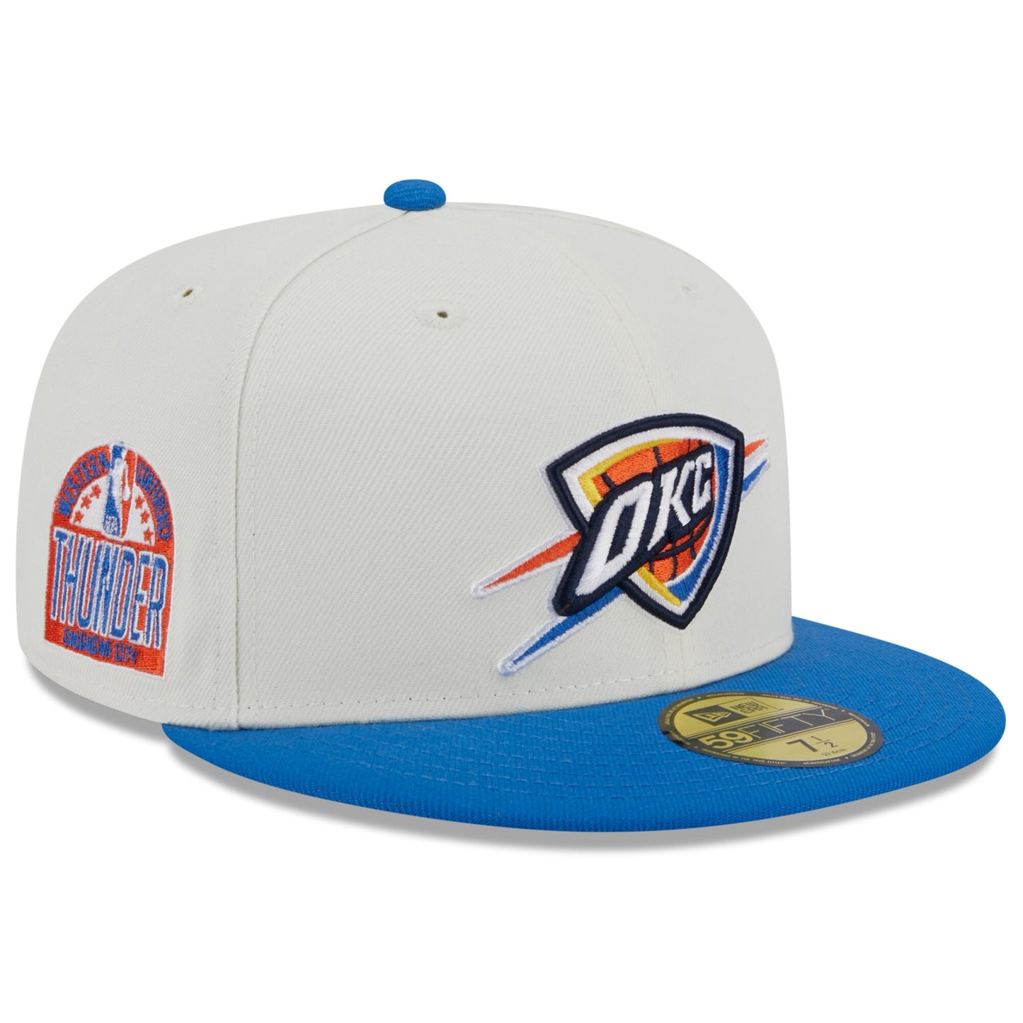 Oklahoma City Thunder New Era Retro City Conference Side Patch 59FIFTY Fitted Hat - Cream/Blue