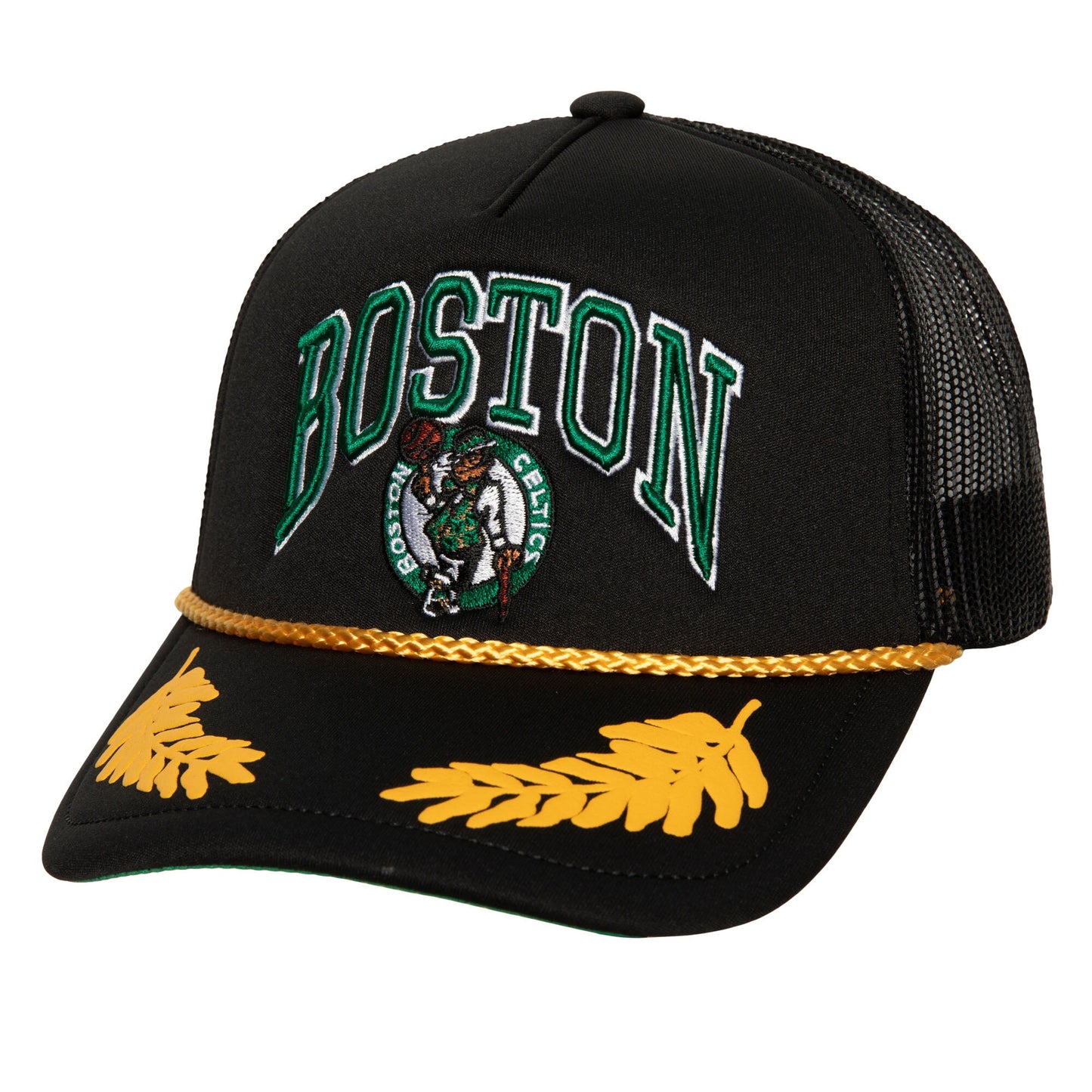 Boston Celtics Mitchell & Ness Hardwood Classics Gold Leaf Mesh Trucker Snapback Hat - Black