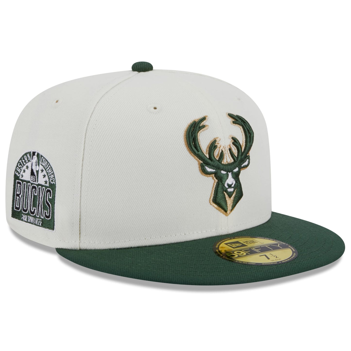 Milwaukee Bucks New Era Retro City Conference Side Patch 59FIFTY Fitted Hat - Cream/Hunter Green